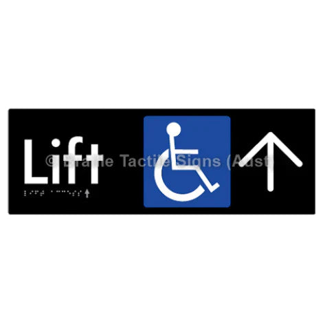 Braille Sign Lift Access w/ Large Arrow - Braille Tactile Signs (Aust) - BTS174->U-blk - Fully Custom Signs - Fast Shipping - High Quality - Australian Made &amp; Owned