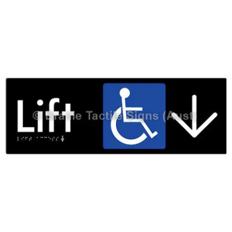 Braille Sign Lift Access w/ Large Arrow - Braille Tactile Signs (Aust) - BTS174->D-blk - Fully Custom Signs - Fast Shipping - High Quality - Australian Made &amp; Owned