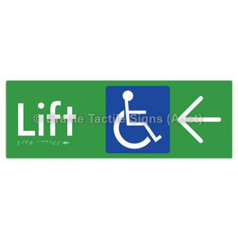Braille Sign Lift Access w/ Large Arrow - Braille Tactile Signs (Aust) - BTS174->L-grn - Fully Custom Signs - Fast Shipping - High Quality - Australian Made &amp; Owned
