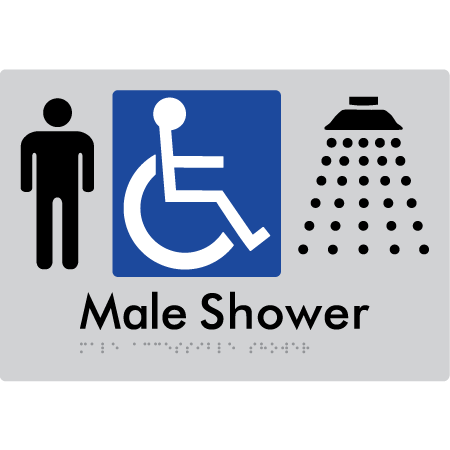 Braille Sign Male Accessible Shower - Braille Tactile Signs Aust. - BTS365-slv - Custom Signs - Fast Shipping - High Quality - Australian Made &amp; Owned