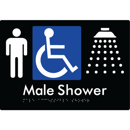 Braille Sign Male Accessible Shower - Braille Tactile Signs Aust. - BTS365-blk - Custom Signs - Fast Shipping - High Quality - Australian Made &amp; Owned