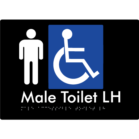 Braille Sign Male Accessible Toilet LH / RH - Braille Tactile Signs Aust. - BTS06LHn-blk - Custom Signs - Fast Shipping - High Quality - Australian Made &amp; Owned