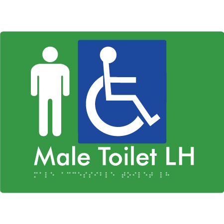 Braille Sign Male Accessible Toilet LH / RH - Braille Tactile Signs Aust. - BTS06LHn-grn - Custom Signs - Fast Shipping - High Quality - Australian Made &amp; Owned