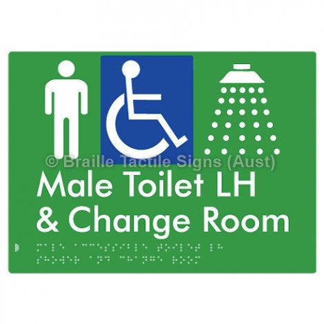 Male Accessible Toilet LH Shower & Change Room - Braille Tactile Signs (Aust) - BTS291LH-grn - Fully Custom Signs - Fast Shipping - High Quality