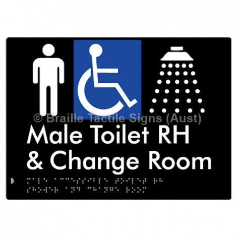 Male Accessible Toilet RH Shower & Change Room - Braille Tactile Signs (Aust) - BTS291RH-blk - Fully Custom Signs - Fast Shipping - High Quality