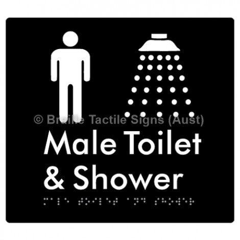 Male Toilet and Shower - Braille Tactile Signs (Aust) - BTS64n-blk - Fully Custom Signs - Fast Shipping - High Quality