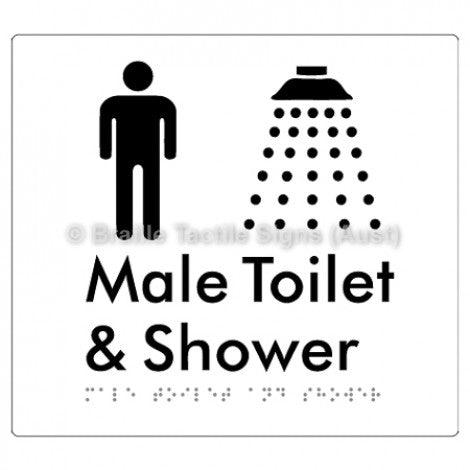 Male Toilet and Shower - Braille Tactile Signs (Aust) - BTS64n-wht - Fully Custom Signs - Fast Shipping - High Quality
