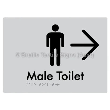 Braille Sign Male Toilet w/ Large Arrow - Braille Tactile Signs (Aust) - BTS02n->R-slv - Fully Custom Signs - Fast Shipping - High Quality - Australian Made &amp; Owned