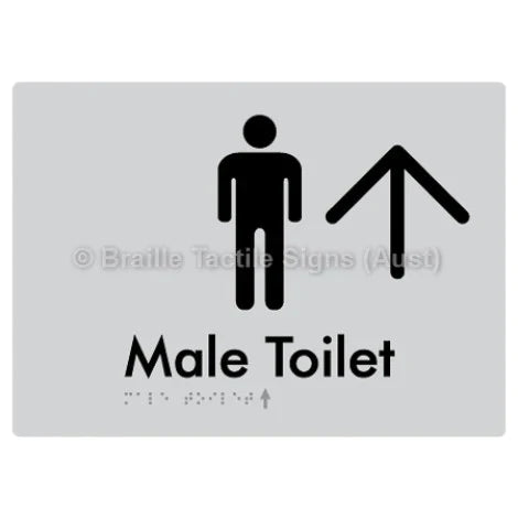 Braille Sign Male Toilet w/ Large Arrow - Braille Tactile Signs (Aust) - BTS02n->U-slv - Fully Custom Signs - Fast Shipping - High Quality - Australian Made &amp; Owned