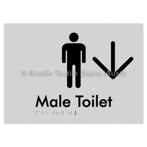 Braille Sign Male Toilet w/ Large Arrow - Braille Tactile Signs (Aust) - BTS02n->D-slv - Fully Custom Signs - Fast Shipping - High Quality - Australian Made &amp; Owned