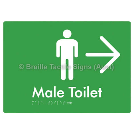 Braille Sign Male Toilet w/ Large Arrow - Braille Tactile Signs (Aust) - BTS02n->R-grn - Fully Custom Signs - Fast Shipping - High Quality - Australian Made &amp; Owned