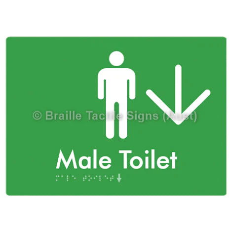 Braille Sign Male Toilet w/ Large Arrow - Braille Tactile Signs (Aust) - BTS02n->D-grn - Fully Custom Signs - Fast Shipping - High Quality - Australian Made &amp; Owned