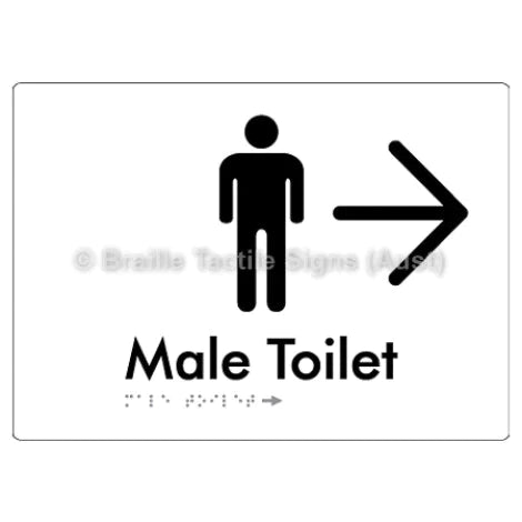 Braille Sign Male Toilet w/ Large Arrow - Braille Tactile Signs (Aust) - BTS02n->R-wht - Fully Custom Signs - Fast Shipping - High Quality - Australian Made &amp; Owned