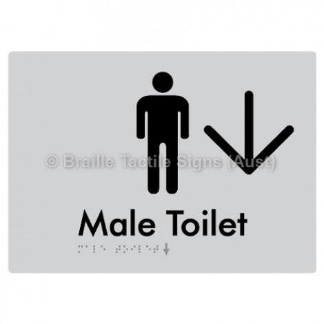 Male Toilet w/ Large Arrow - Braille Tactile Signs (Aust) - BTS02n->D-slv - Fully Custom Signs - Fast Shipping - High Quality