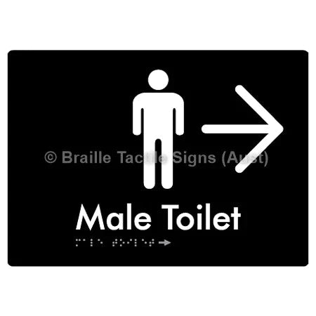 Braille Sign Male Toilet w/ Large Arrow - Braille Tactile Signs (Aust) - BTS02n->R-blk - Fully Custom Signs - Fast Shipping - High Quality - Australian Made &amp; Owned