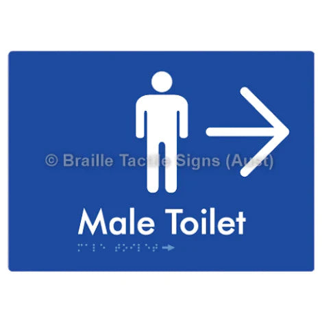 Male Toilet w/ Large Arrow - Braille Tactile Signs (Aust) - BTS02n->R-blu - Fully Custom Signs - Fast Shipping - High Quality