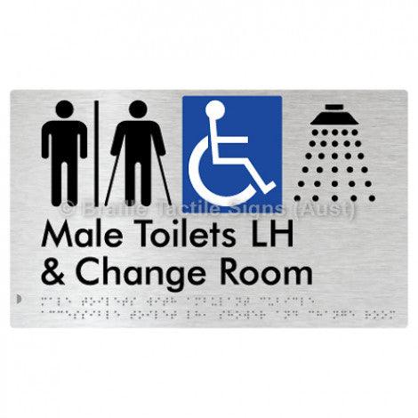 Male Toilets with Ambulant Cubicle Accessible Toilet LH, Shower and Change Room (Air Lock) - Braille Tactile Signs (Aust) - BTS367LH-AL-aliB - Fully Custom Signs - Fast Shipping - High Quality