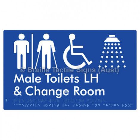 Male Toilets with Ambulant Cubicle Accessible Toilet LH, Shower and Change Room (Air Lock) - Braille Tactile Signs (Aust) - BTS367LH-AL-blu - Fully Custom Signs - Fast Shipping - High Quality
