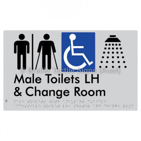 Male Toilets with Ambulant Cubicle Accessible Toilet LH, Shower and Change Room (Air Lock) - Braille Tactile Signs (Aust) - BTS367LH-AL-slv - Fully Custom Signs - Fast Shipping - High Quality