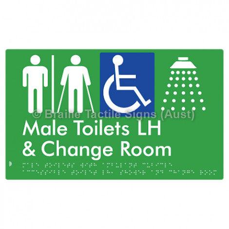 Male Toilets with Ambulant Cubicle Accessible Toilet LH, Shower and Change Room (Air Lock) - Braille Tactile Signs (Aust) - BTS367LH-AL-grn - Fully Custom Signs - Fast Shipping - High Quality