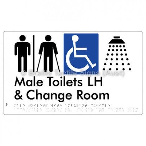 Male Toilets with Ambulant Cubicle Accessible Toilet LH, Shower and Change Room (Air Lock) - Braille Tactile Signs (Aust) - BTS367LH-AL-wht - Fully Custom Signs - Fast Shipping - High Quality