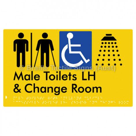 Male Toilets with Ambulant Cubicle Accessible Toilet LH, Shower and Change Room (Air Lock) - Braille Tactile Signs (Aust) - BTS367LH-AL-yel - Fully Custom Signs - Fast Shipping - High Quality