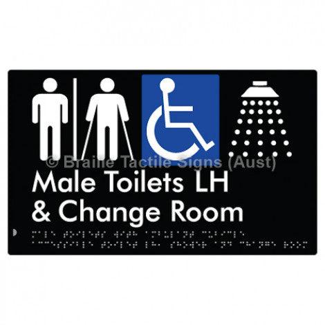 Male Toilets with Ambulant Cubicle Accessible Toilet LH, Shower and Change Room (Air Lock) - Braille Tactile Signs (Aust) - BTS367LH-AL-blk - Fully Custom Signs - Fast Shipping - High Quality