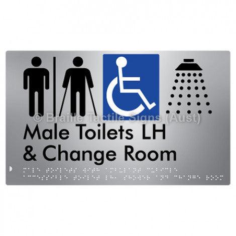 Male Toilets with Ambulant Cubicle Accessible Toilet LH, Shower and Change Room (Air Lock) - Braille Tactile Signs (Aust) - BTS367LH-AL-aliS - Fully Custom Signs - Fast Shipping - High Quality