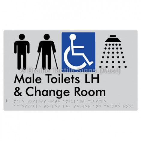 Male Toilets with Ambulant Cubicle Accessible Toilet LH, Shower and Change Room - Braille Tactile Signs (Aust) - BTS367LH-slv - Fully Custom Signs - Fast Shipping - High Quality