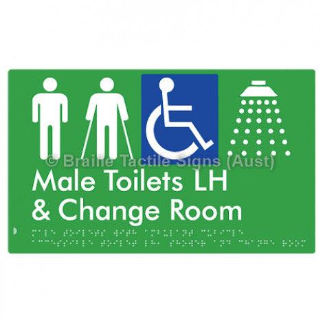 Male Toilets with Ambulant Cubicle Accessible Toilet LH, Shower and Change Room - Braille Tactile Signs (Aust) - BTS367LH-grn - Fully Custom Signs - Fast Shipping - High Quality