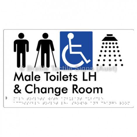Male Toilets with Ambulant Cubicle Accessible Toilet LH, Shower and Change Room - Braille Tactile Signs (Aust) - BTS367LH-wht - Fully Custom Signs - Fast Shipping - High Quality