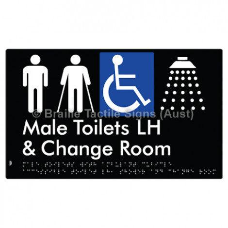 Male Toilets with Ambulant Cubicle Accessible Toilet LH, Shower and Change Room - Braille Tactile Signs (Aust) - BTS367LH-blk - Fully Custom Signs - Fast Shipping - High Quality