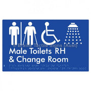 Male Toilets with Ambulant Cubicle Accessible Toilet RH, Shower and Change Room (Air Lock) - Braille Tactile Signs (Aust) - BTS367RH-AL-blu - Fully Custom Signs - Fast Shipping - High Quality