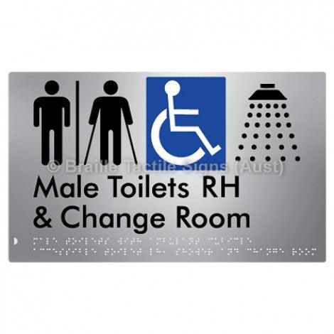 Male Toilets with Ambulant Cubicle Accessible Toilet RH, Shower and Change Room (Air Lock) - Braille Tactile Signs (Aust) - BTS367RH-AL-aliS - Fully Custom Signs - Fast Shipping - High Quality