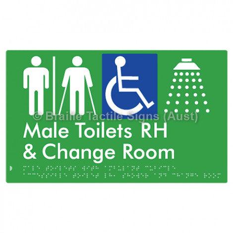 Male Toilets with Ambulant Cubicle Accessible Toilet RH, Shower and Change Room (Air Lock) - Braille Tactile Signs (Aust) - BTS367RH-AL-grn - Fully Custom Signs - Fast Shipping - High Quality