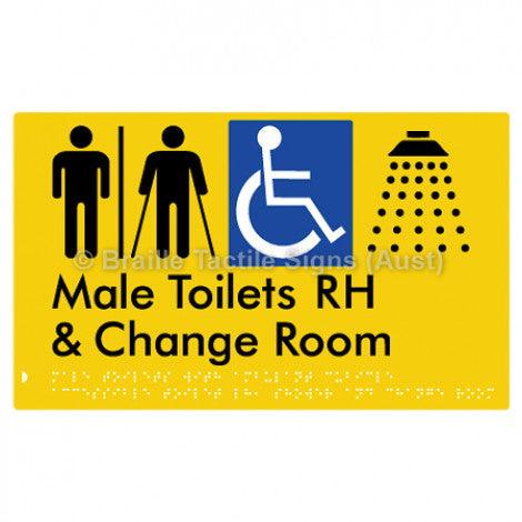 Male Toilets with Ambulant Cubicle Accessible Toilet RH, Shower and Change Room (Air Lock) - Braille Tactile Signs (Aust) - BTS367RH-AL-yel - Fully Custom Signs - Fast Shipping - High Quality