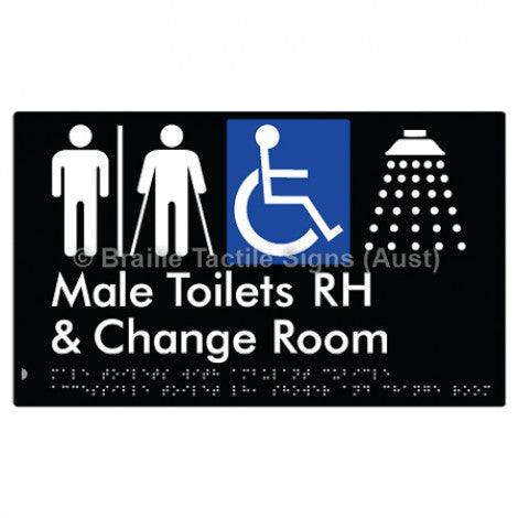 Male Toilets with Ambulant Cubicle Accessible Toilet RH, Shower and Change Room (Air Lock) - Braille Tactile Signs (Aust) - BTS367RH-AL-blk - Fully Custom Signs - Fast Shipping - High Quality