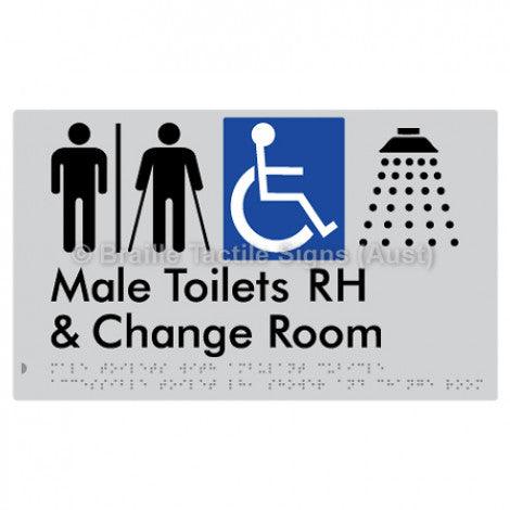 Male Toilets with Ambulant Cubicle Accessible Toilet RH, Shower and Change Room (Air Lock) - Braille Tactile Signs (Aust) - BTS367RH-AL-slv - Fully Custom Signs - Fast Shipping - High Quality