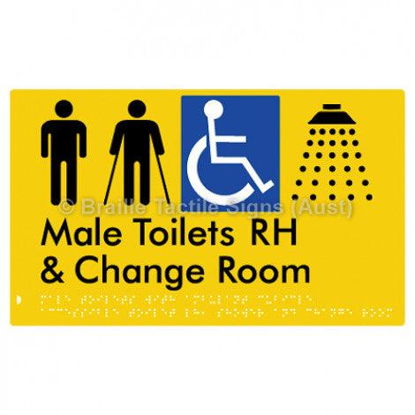 Male Toilets with Ambulant Cubicle Accessible Toilet RH, Shower and Change Room - Braille Tactile Signs (Aust) - BTS367RH-yel - Fully Custom Signs - Fast Shipping - High Quality