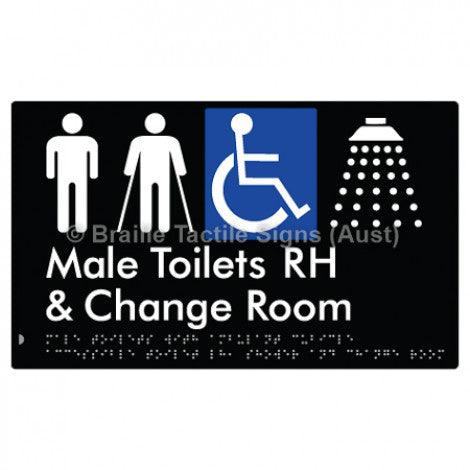 Male Toilets with Ambulant Cubicle Accessible Toilet RH, Shower and Change Room - Braille Tactile Signs (Aust) - BTS367RH-blk - Fully Custom Signs - Fast Shipping - High Quality