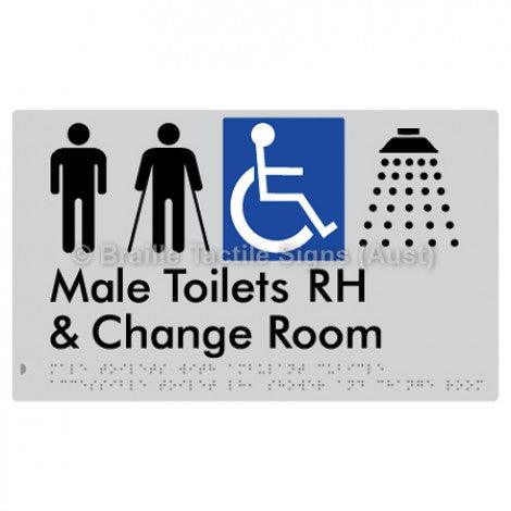 Male Toilets with Ambulant Cubicle Accessible Toilet RH, Shower and Change Room - Braille Tactile Signs (Aust) - BTS367RH-slv - Fully Custom Signs - Fast Shipping - High Quality