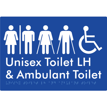 Braille Sign Unisex Accessible Toilet LH and Ambulant Toilet w/ Air Lock - Braille Tactile Signs Aust. - BTS311LH-AL-blu - Custom Signs - Fast Shipping - High Quality - Australian Made &amp; Owned