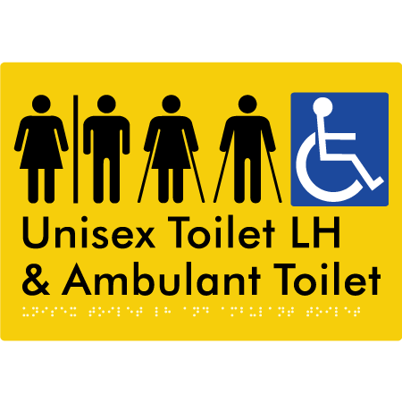 Braille Sign Unisex Accessible Toilet LH and Ambulant Toilet w/ Air Lock - Braille Tactile Signs Aust. - BTS311LH-AL-yel - Custom Signs - Fast Shipping - High Quality - Australian Made &amp; Owned