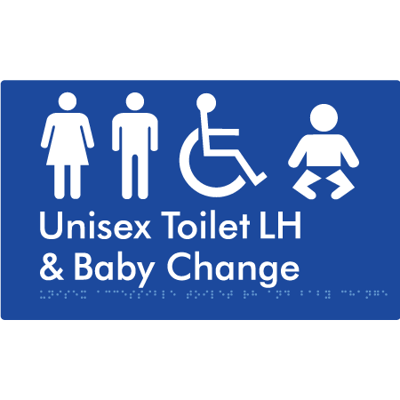 Braille Sign Unisex Accessible Toilet LH & Baby Change - Braille Tactile Signs Aust. - BTS33LHn-blu - Custom Signs - Fast Shipping - High Quality - Australian Made &amp; Owned