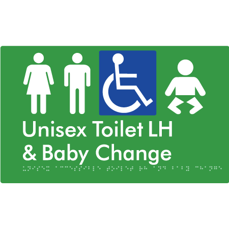 Braille Sign Unisex Accessible Toilet LH & Baby Change - Braille Tactile Signs Aust. - BTS33LHn-grn - Custom Signs - Fast Shipping - High Quality - Australian Made &amp; Owned