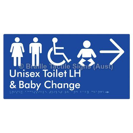 Braille Sign Unisex Accessible Toilet LH and Baby Change w/ Large Arrow: - Braille Tactile Signs (Aust) - BTS33LHn->R-blu - Fully Custom Signs - Fast Shipping - High Quality - Australian Made &amp; Owned