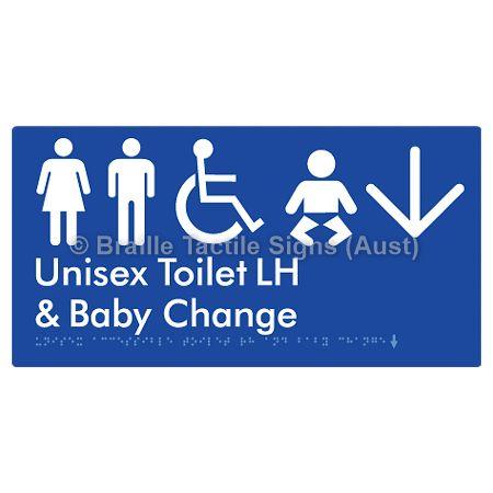 Braille Sign Unisex Accessible Toilet LH and Baby Change w/ Large Arrow: - Braille Tactile Signs (Aust) - BTS33LHn->D-blu - Fully Custom Signs - Fast Shipping - High Quality - Australian Made &amp; Owned