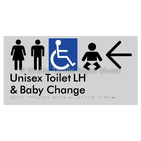 Braille Sign Unisex Accessible Toilet LH and Baby Change w/ Large Arrow: - Braille Tactile Signs (Aust) - BTS33LHn->L-slv - Fully Custom Signs - Fast Shipping - High Quality - Australian Made &amp; Owned