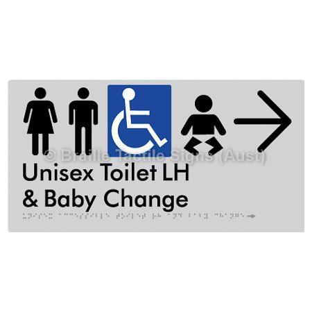 Braille Sign Unisex Accessible Toilet LH and Baby Change w/ Large Arrow: - Braille Tactile Signs (Aust) - BTS33LHn->R-slv - Fully Custom Signs - Fast Shipping - High Quality - Australian Made &amp; Owned