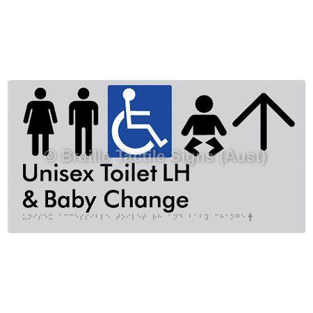 Braille Sign Unisex Accessible Toilet LH and Baby Change w/ Large Arrow: - Braille Tactile Signs (Aust) - BTS33LHn->U-slv - Fully Custom Signs - Fast Shipping - High Quality - Australian Made &amp; Owned
